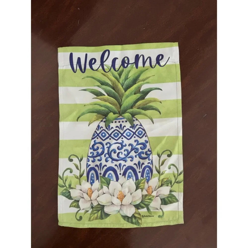 Blue & White Pineapple Welcome Garden Flag